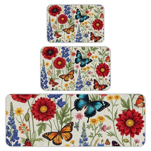 RKSupls Kitchen Rug Set 3 Piece Anti-Slip Flannel Floor Mats, Garden Floral Washable Absorbent Runner Mats for Kitchen Bathroom Home Decor