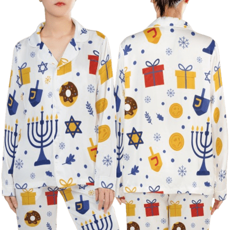 Lotusprinthandmade Hanukkah Dreidel Menorah All-over Print Satin Pajamas Set (No Pocket) (L)