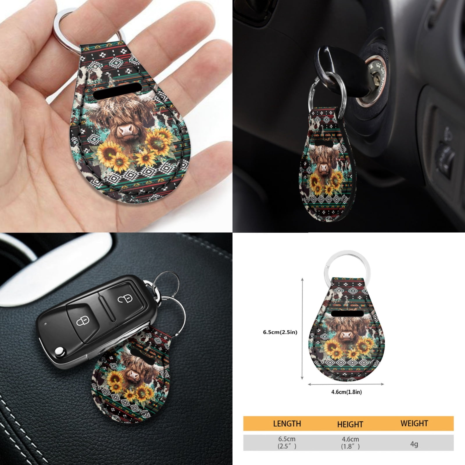 Renewold American Tribal Highland Cow Sunflower 11 Pieces Car Accessories, Non-Slip Front Rear Car Seat Covers, Steering Wheel Cover Seat Belt Pad Coasters Key Chain Universal Fit for Most Cars