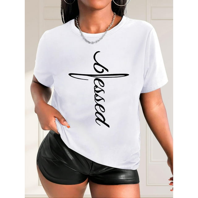 Playera estampada para mujer, divertida e inspiradora, novedosa, informal, de manga cortaBlessed Letter Print Crew Neck Sports Tee, Versatile Short Sleeves Casual Running Top, Women's ActivewearFath