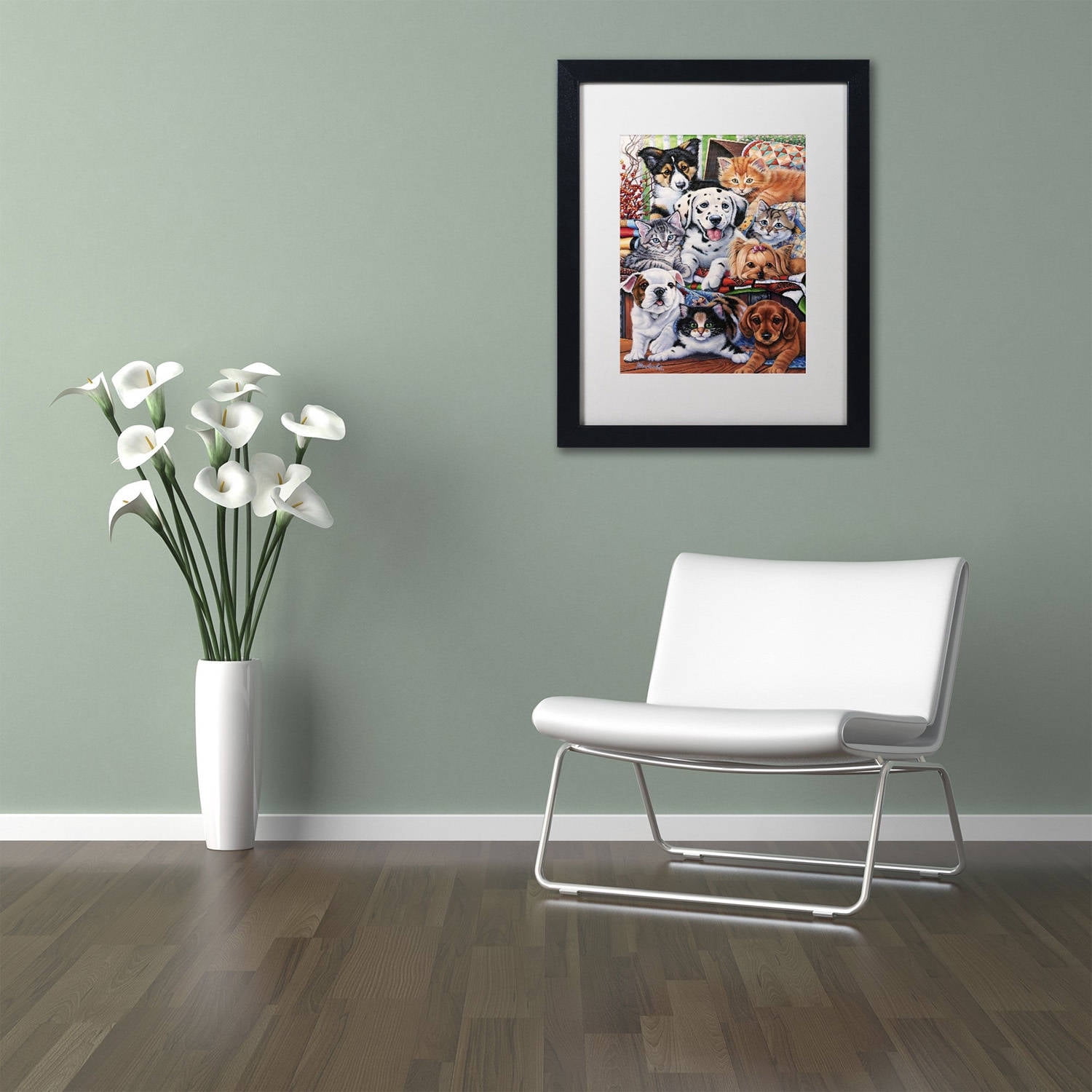 Trademark Fine Art 'Country Pups and Kittens II' Canvas Art by Jenny Newland, White Matte, Black Frame