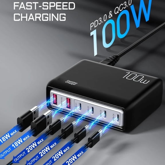 AOLIGEI 100W USB Charger Type C PD Fast Charging Multiple 6 Ports Desktop Charger Station Phone Charger For iPhone 14 15Pro For Xiaomi