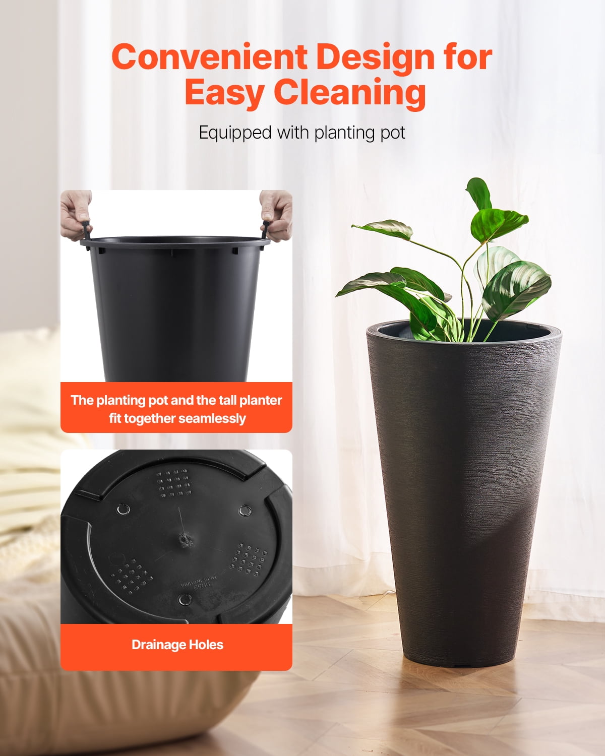 VEVOR Set of 2 Tall Planter For Outdoor Indoor Plants 24inch, Black Round Large Planters For Front Porch, Patio, Tall Taper Flower Tree Plant Pots with Modern Design and Built-in Drainage