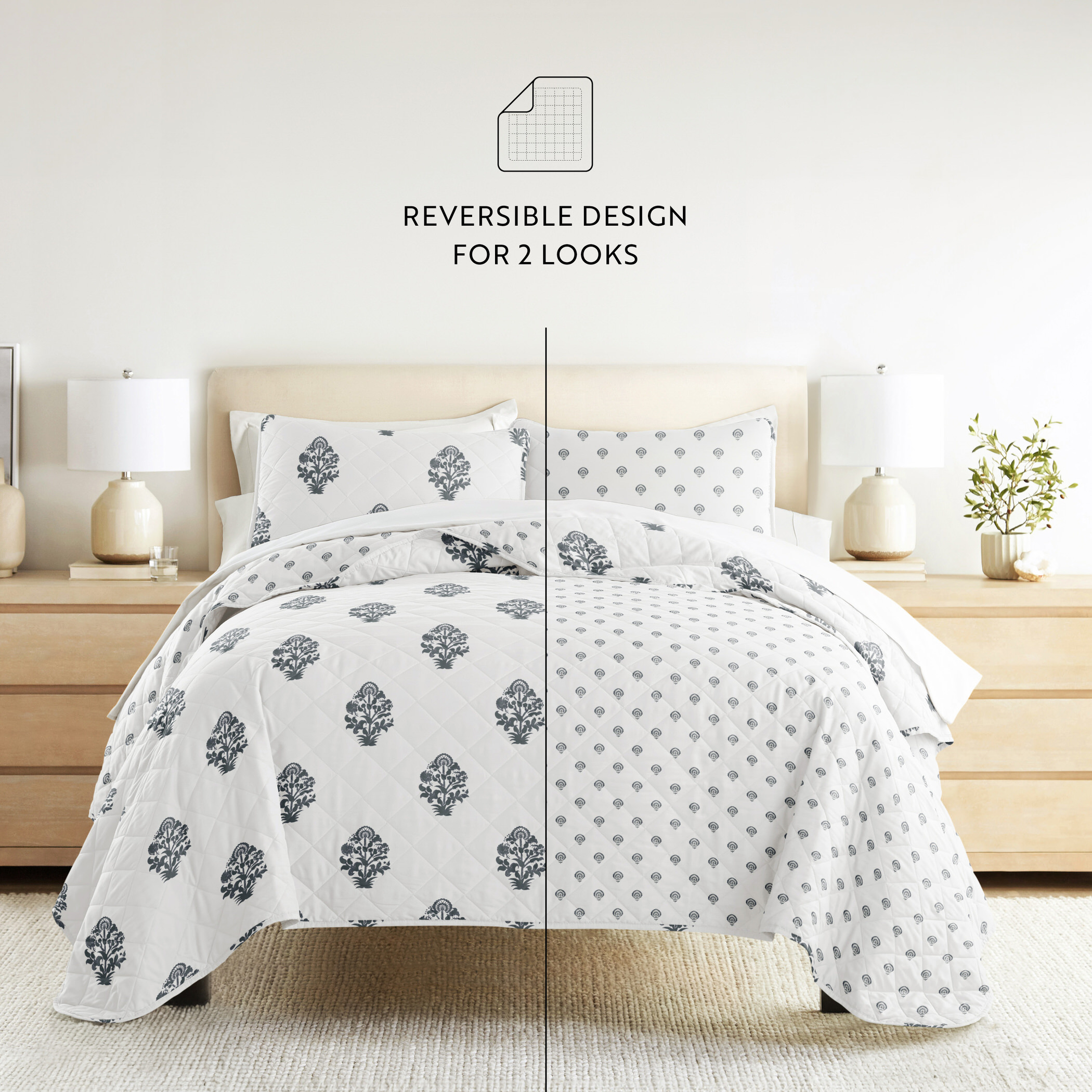 Noble Linens 3-Piece Dusk Blue Stamped Bloom Reversible Quilt Set, King