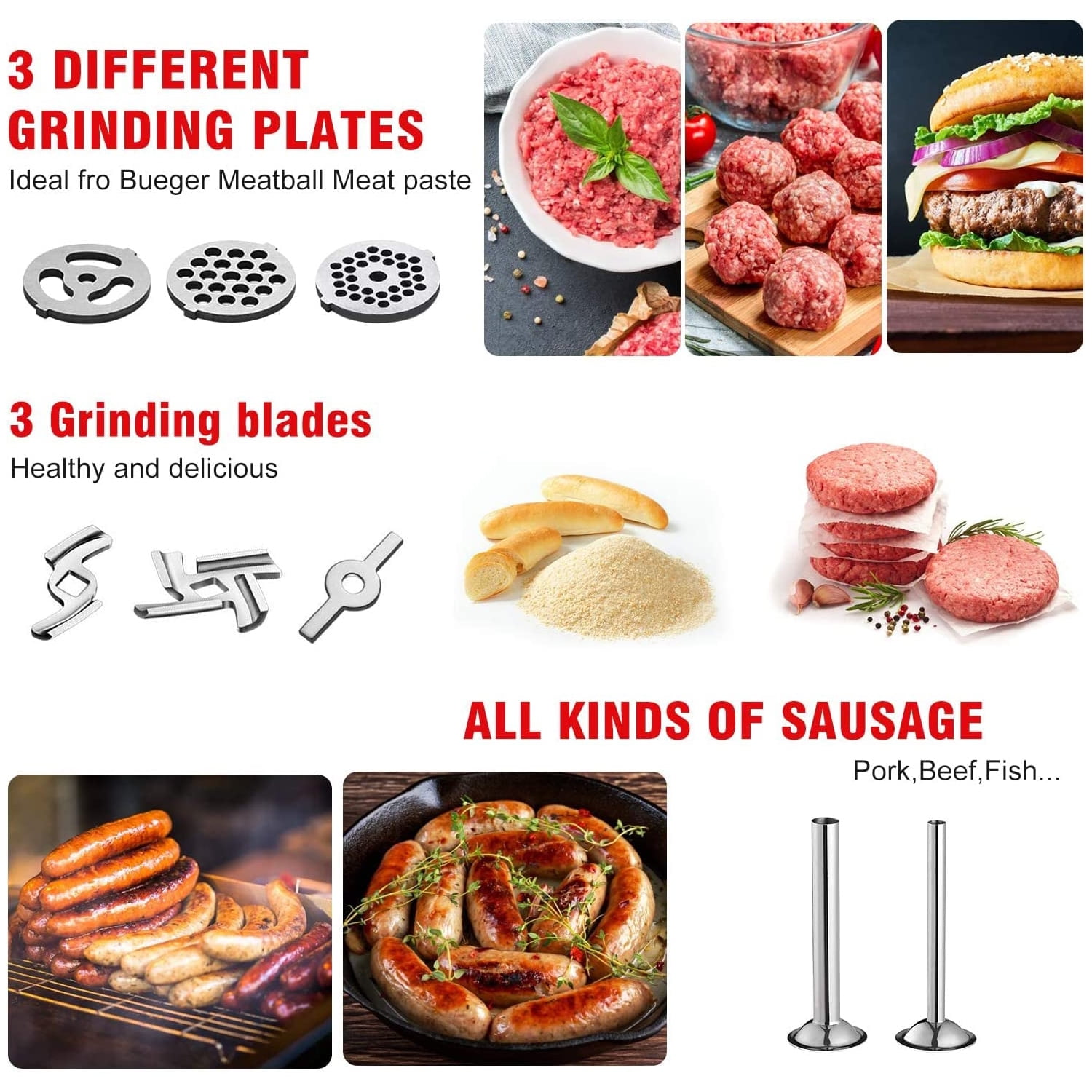  Stainless Steel Food Grinder Attachment for KitchenAid Stand  MixerDurable Meat Grinder, Including 3 Sausage Stuffer Dishwasher Safe  Attachment Suitable: Home & Kitchen