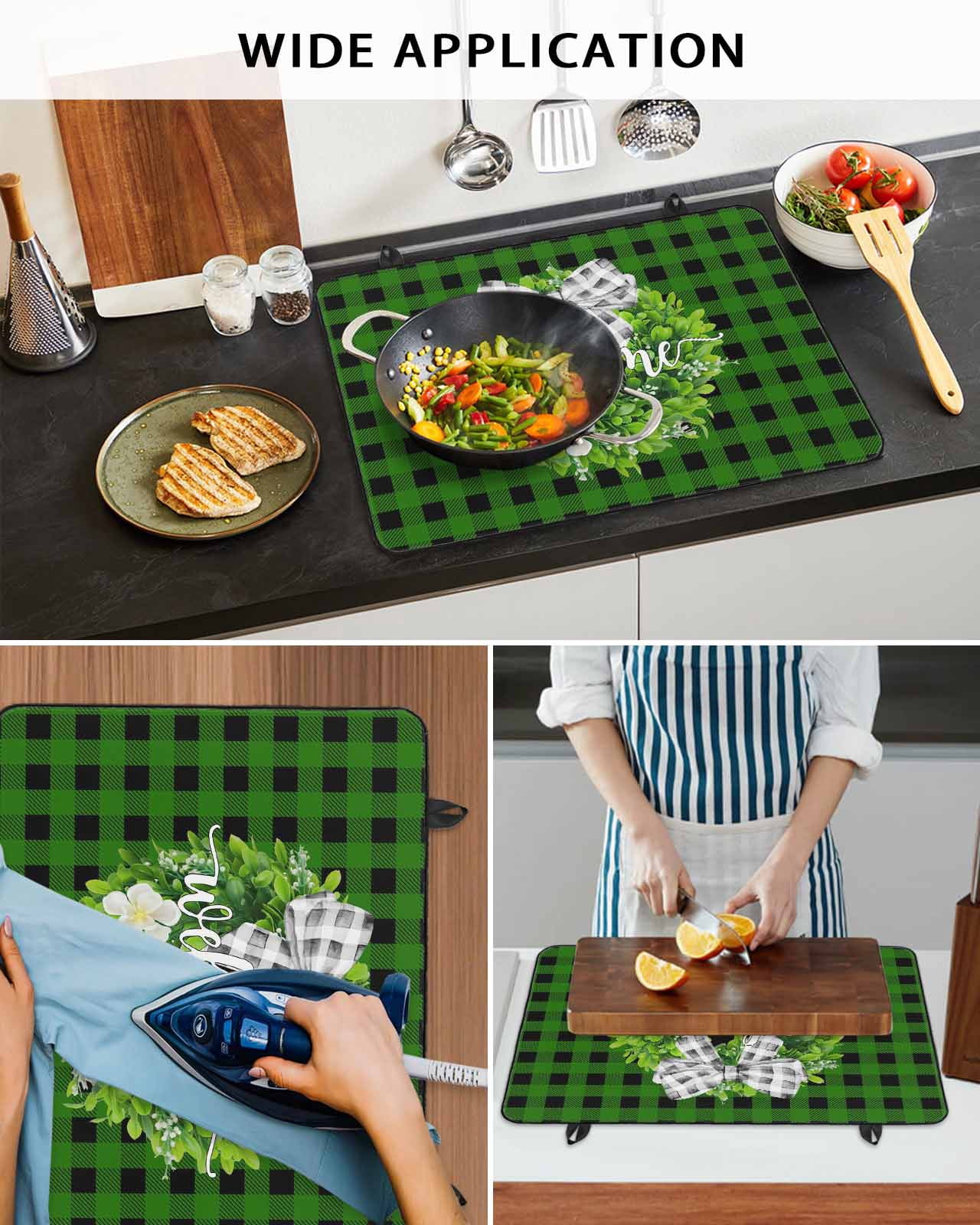 Large Induction Cooktop Protector Mat Botanical Flower Wreath Stove Top Covers for Electric Stove, Rustic Bow-Knot Green Black Plaid Decorative Stove Burner Cover Mats, Glass Top Stove Cover