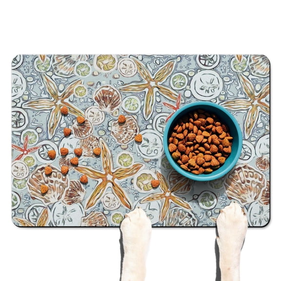 Retro Palm Tree & Starfish Dog Bowl Mat - Waterproof Pet Placemat - Quick Dry & Washable