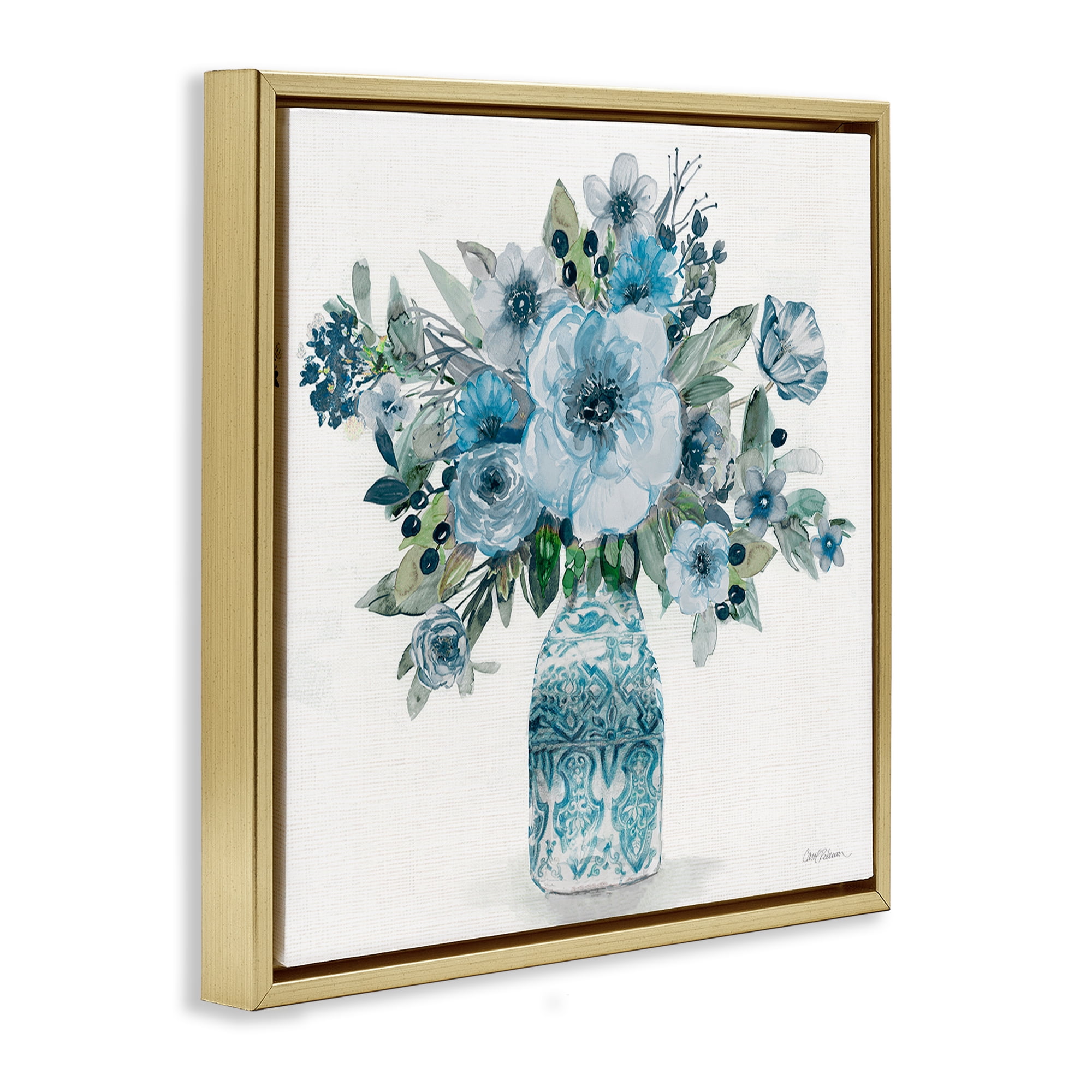 Stupell Industries Pastel Blue Botanical Bouquet Gold Framed Floater Canvas Wall Art, design by Carol Robinson