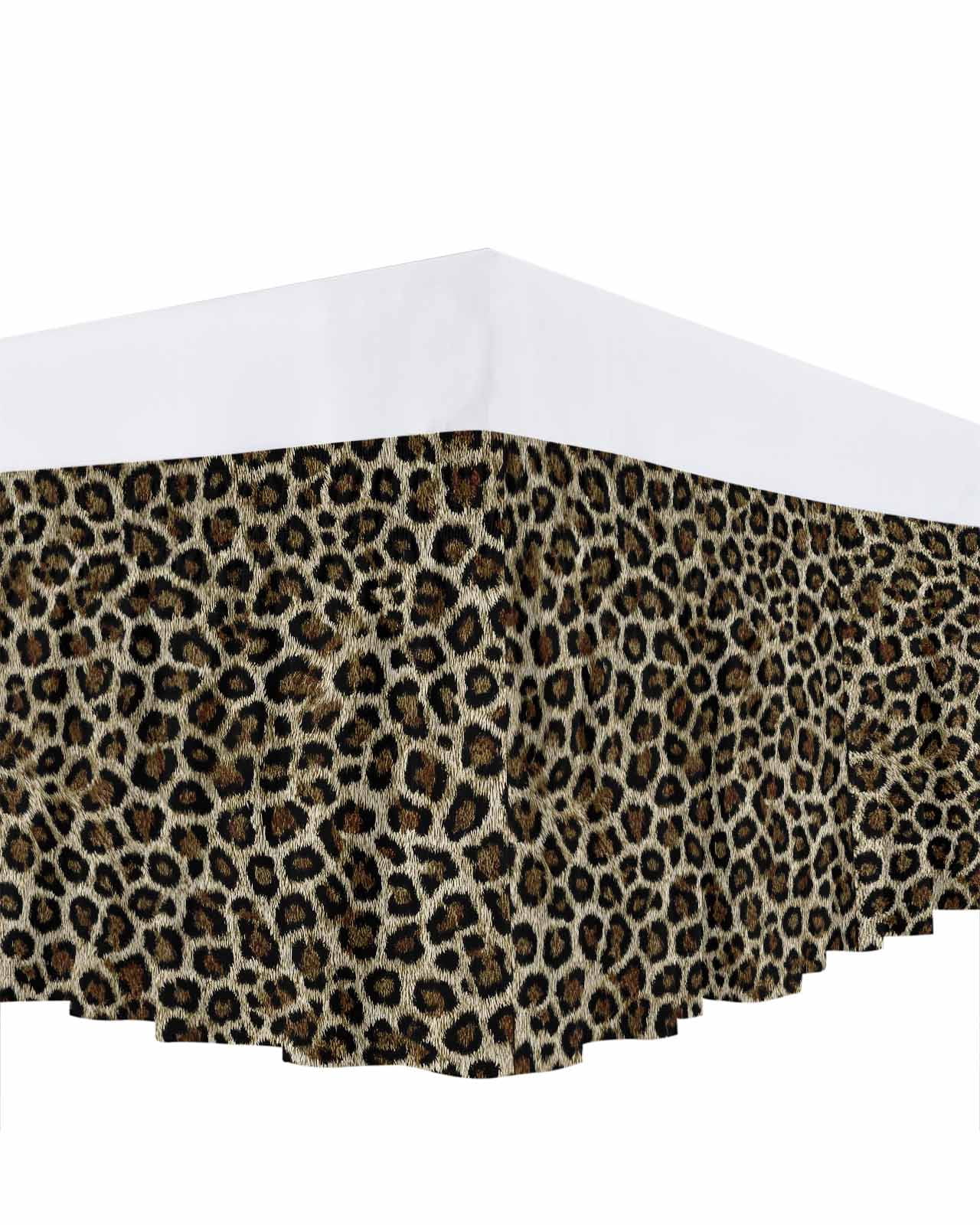 Classic Leopard Print Bed Skirt King Size 18 Inch Drop, Retro Brown Black Animal Fur Texture Adjustable Elastic Dust Ruffles Bedskirt for King Bed Wrap Around Pleated Mattress Frame Cover