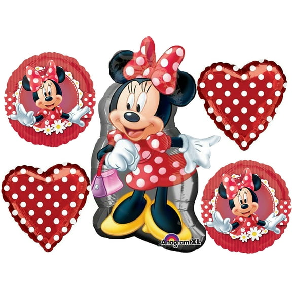 MINNIE MOUSE Figure Red Bow Polka Dots Heart 5 Birthday PARTY Mylar BALLOONS Set