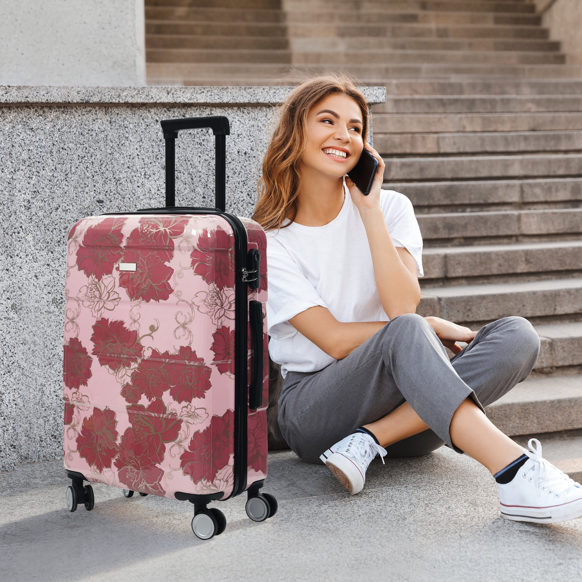 Euroco 5 Piece Luggage Sets with Spinner Wheels, Hardshell Lightweight Suitcase Set with TSA Locks and 2 Bags, Durable Checked Large Suitcase for Travel(8"/14"/20"/24"/28"),Purple Pink Flower