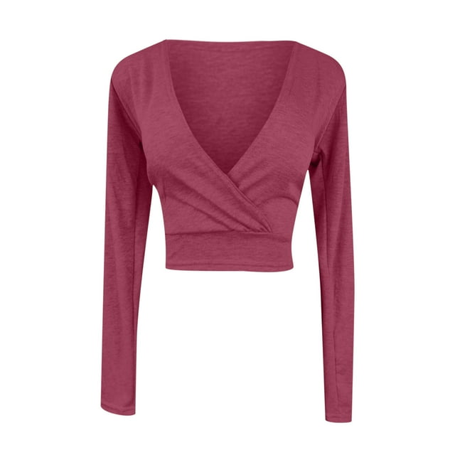 Timegard Hauts de Sortie pour Femmes Col en V Profond Manches Longues Hauts Courts Confortables Automne Décontracté T-Shirt Ajusté Hauts