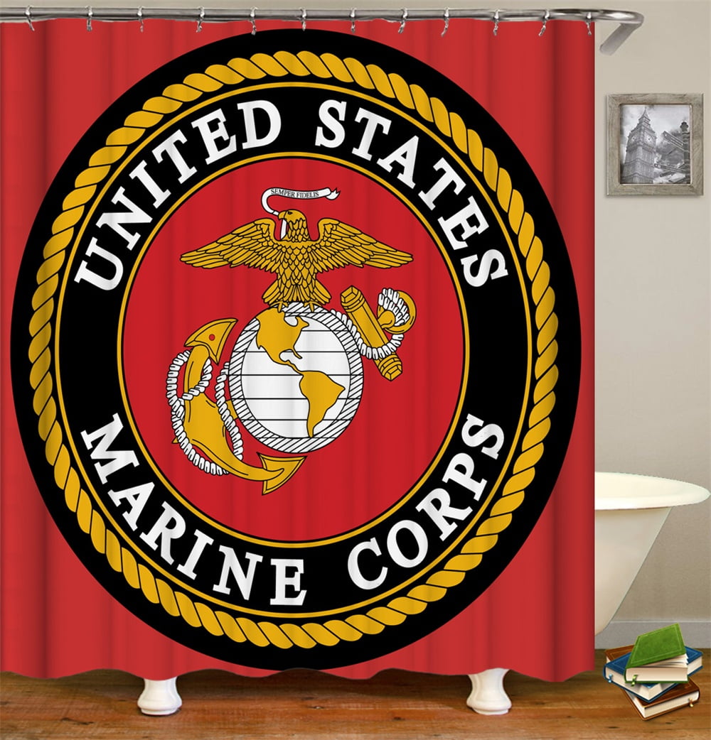 Shower Curtain Set With Hooks USN Red Flag United States Navy Marine