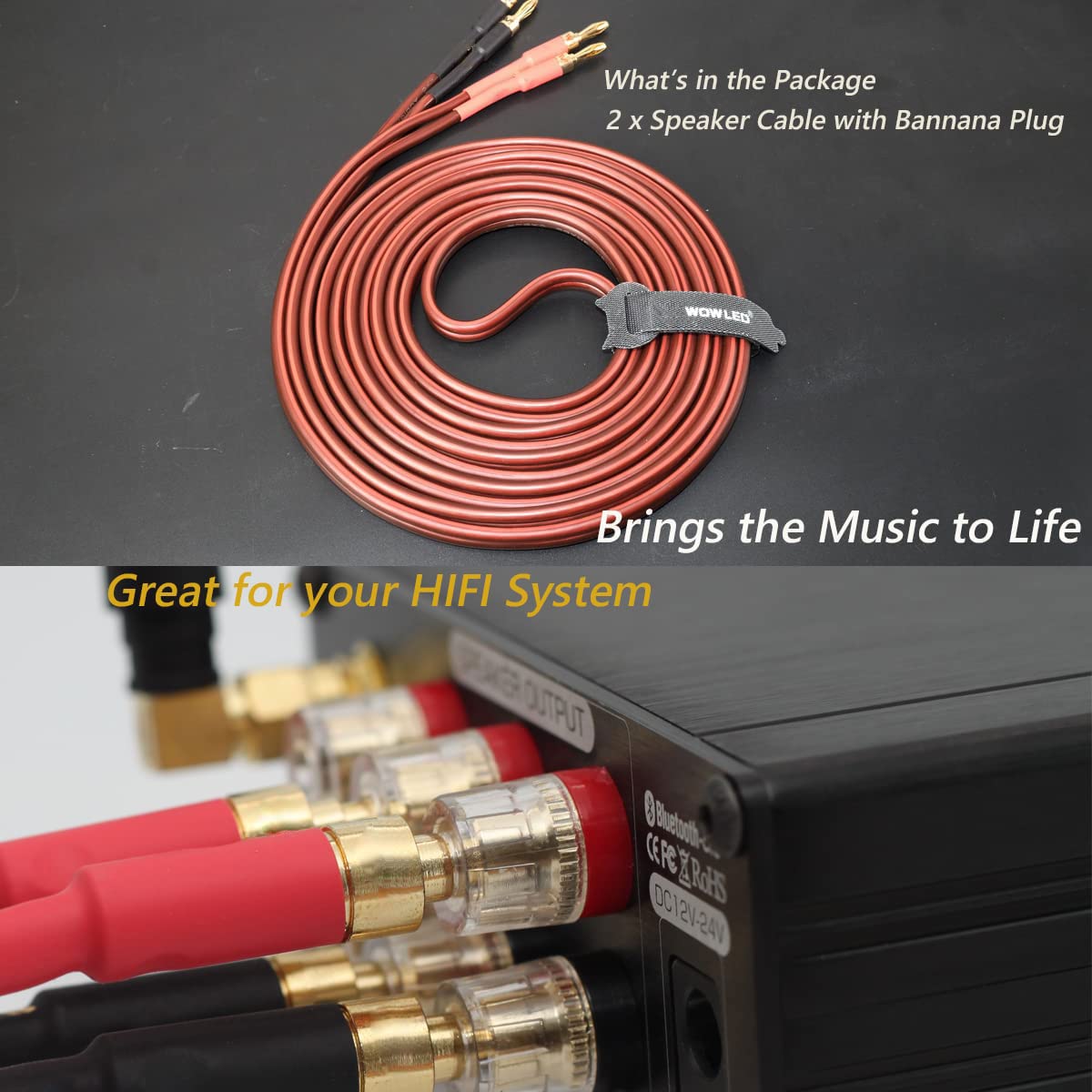 UCINNOVATE 2 Pack High-End OFC HiFi Speaker Cable with Banana Plugs, Gold-Plated Banana Tips Male to Male 600 Strand 14 AWG for Home Theater (2m/6.56FT)
