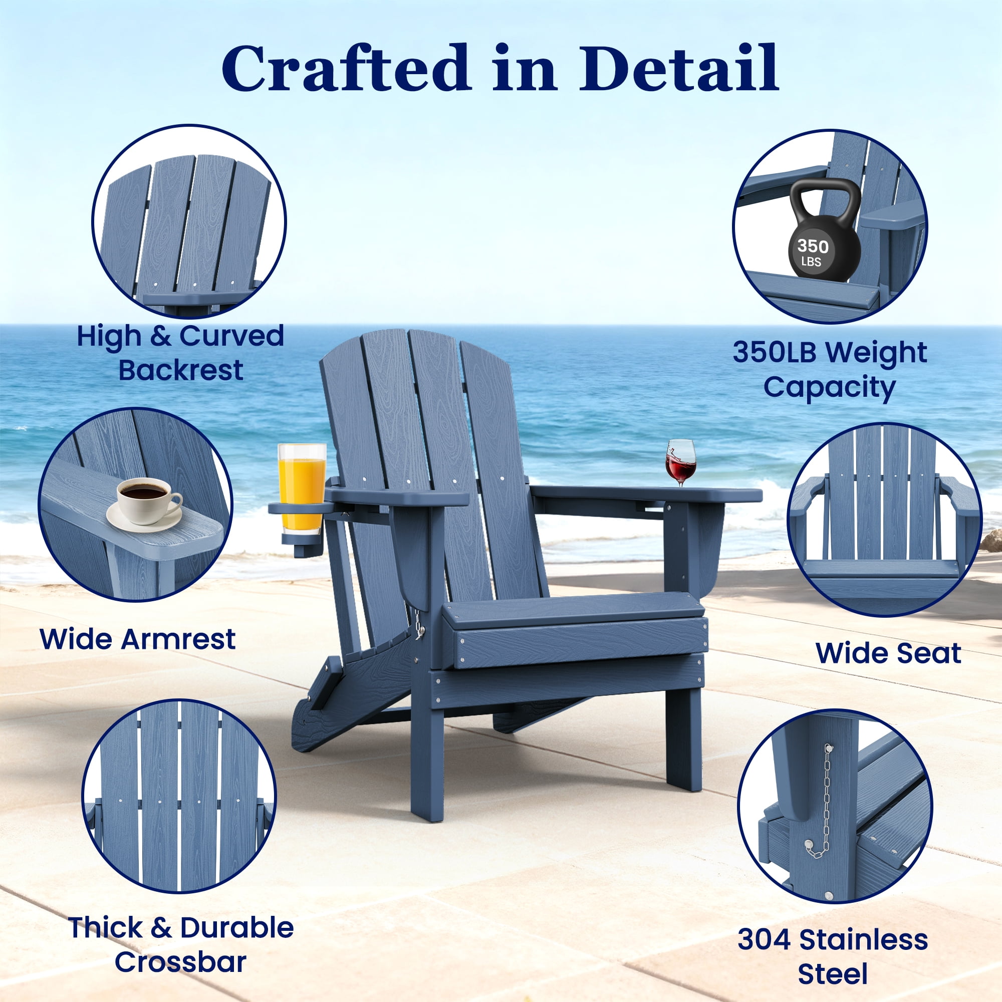SERWALL Folding Adirondack Chair Set with Dual Cup Holders & Phone Holder, All-Weather HDPE Fire Pit Chairs for Outdoor, Patio, Poolside, Garden - Blue