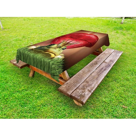 Fairy Picnic Animal Outdoor Tablecloth, Lady Finds Her Frog Prince Charming Soul Mate in Love Romance Fairy Tale Art, Decorative Washable Fabric Picnic Table Cloth, 58 X 84 Inches,Green Red Yellow, by Ambesonne ()