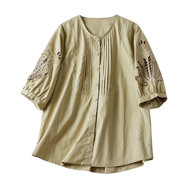 Women's Spring Summer Solid Color Hollow Out Embroidered Casual Loose T-Shirt, Short Sleeve Round Neck Button Linen Blouse, Lightweight and Breathable, Perfect for Warm Weather and Everyday Wear