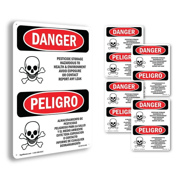 Pesticide Storage Hazardous Bilingual OSHA Danger Aluminum Sign 10 Inch x 7 Inch - 5 Pack