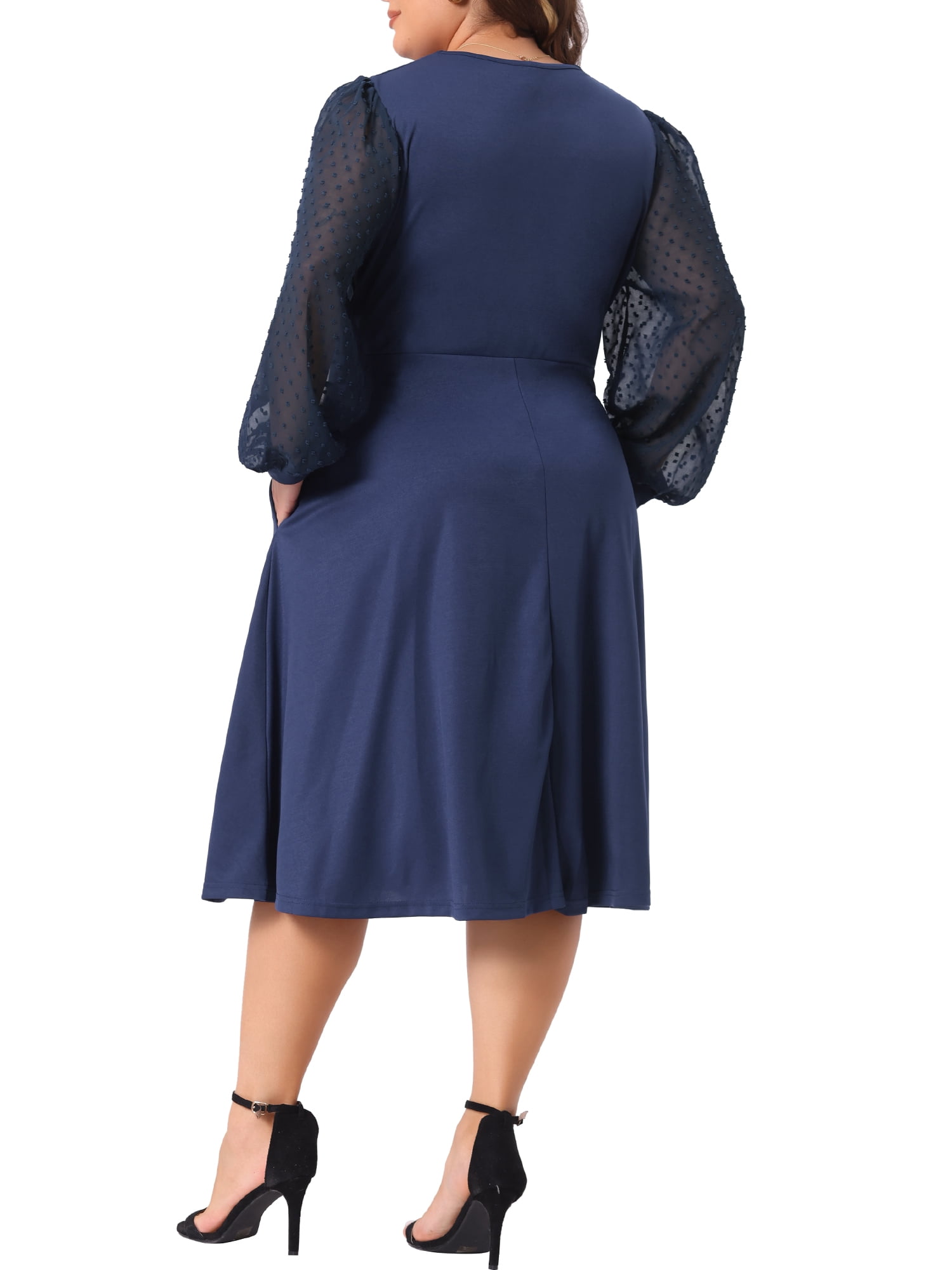 DARING DIVA Plus Size Swiss Dots Wrap V Neck Knee Length Dress 1X Navy Blue