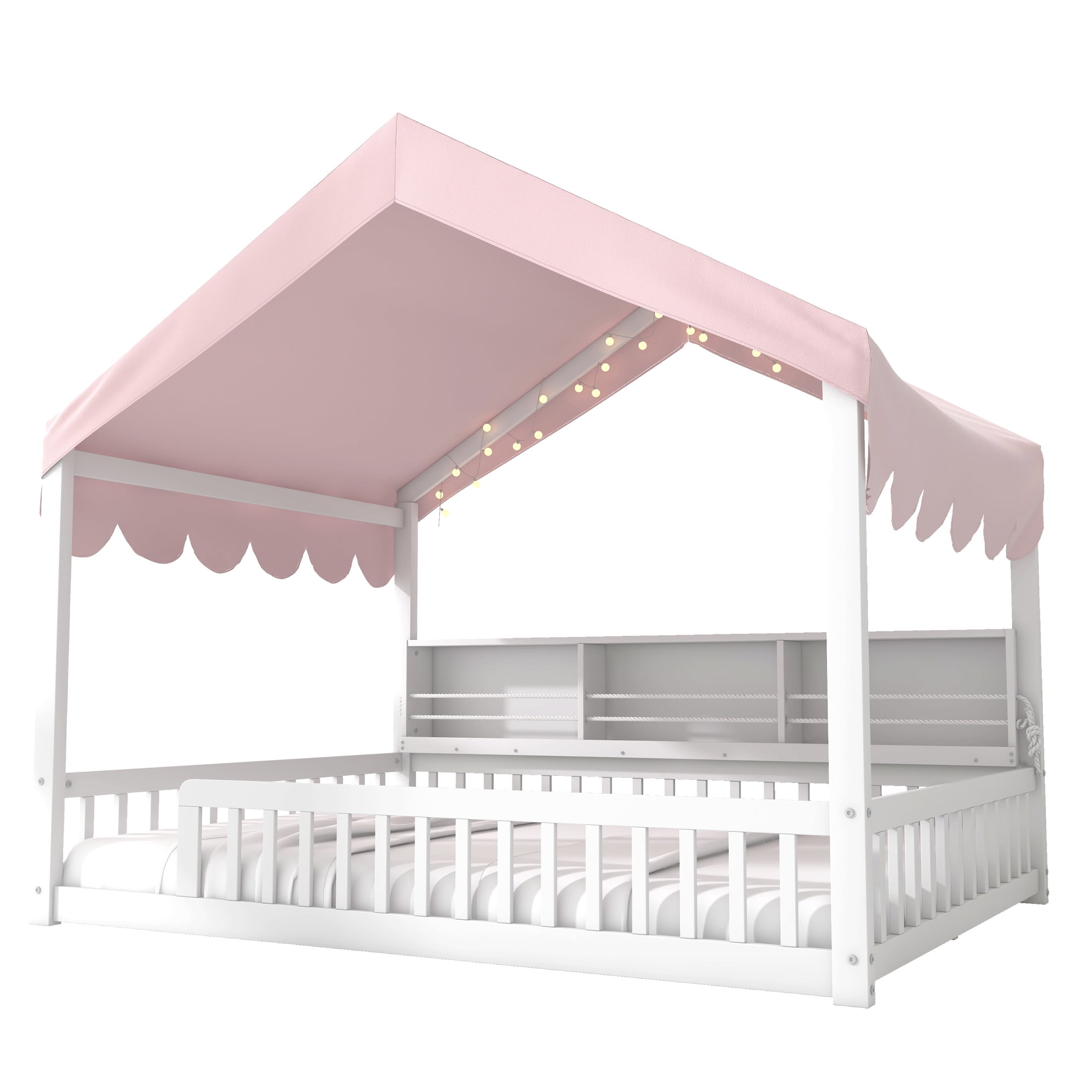Noble House Larissa Full Size House Bed with Fence and LED Lights, Wooden Floor Bed, Heavy Duty, White and Pink