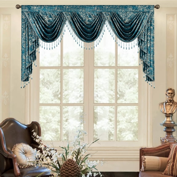 VOGOL Classic Waterfall Valance, Lake Blue Stripe Textured Curtain with Beaded Tassels, Vintage Rod Pocket Velvet Valance for Bedroom Living Room, 43" x 79", 1 Piece