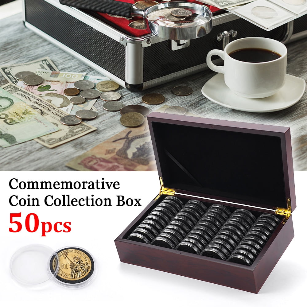 Vorfor 50Pcs Wooden Coin Storage Box, Coin Collector Display Commemorative Coin Case with 6 Sizes Foam Gasket and Plastic Storage Organizer Box