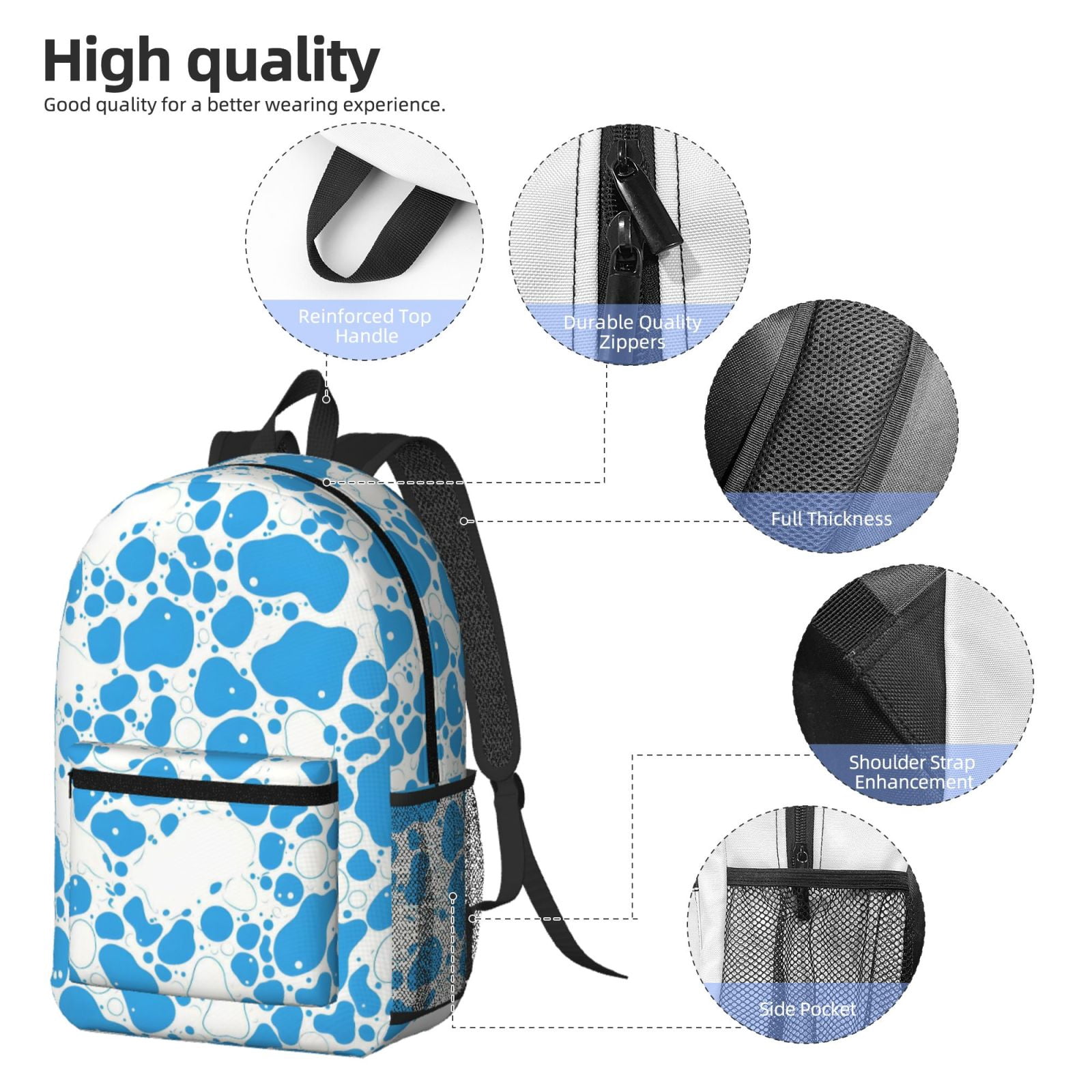 17in Backpack With Pocket Adjustable Shoulder Strap Large Capacity Zipper Opening And Closing Double Pull Head Zipper For Work Travel Sports Milk Cow Skin Print Style Powderblue_3