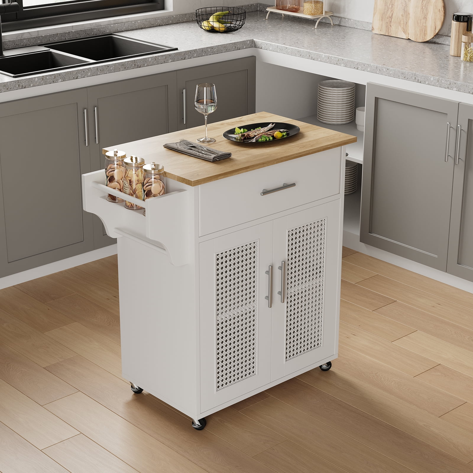 Kitchen Island with Storage, 31" Rolling Kitchen Island on Wheels with Solid Wood Countertop, Kitchen Cart with Rattan Storage Cabinet, Spice Rack, Towel Rack and Drawers, White