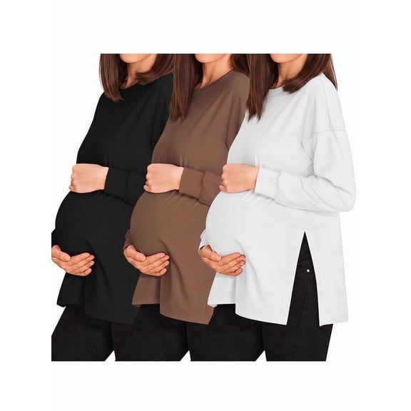 Weardear 3 Pack Maternity Shirts Womens Long Sleeve Split Side Tunic Tops Drop Shoulder T Shirt Casual Pregnancy Clothes