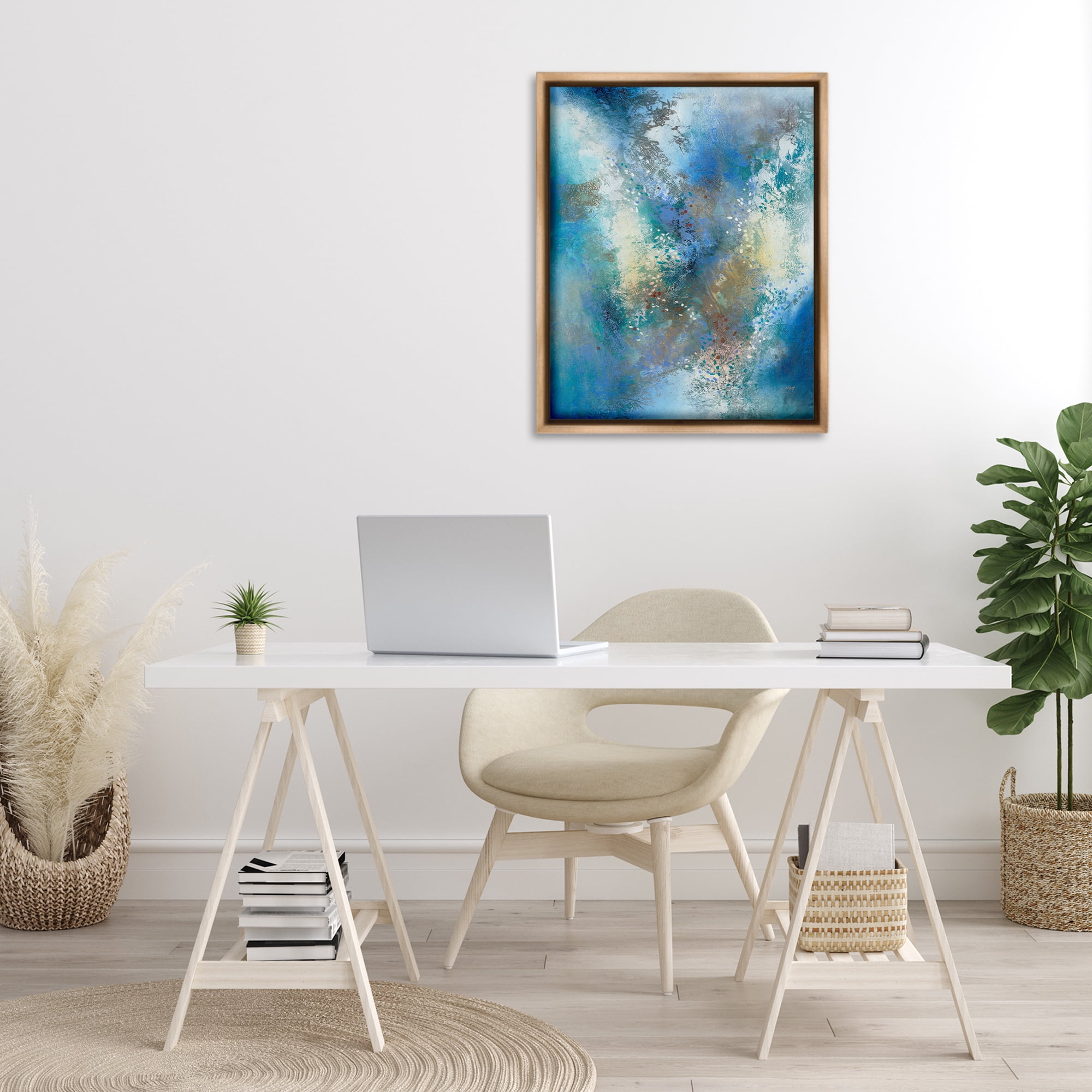 Stupell Industries Fluid Blue Abstraction Abstract Painting Brown Floater Framed Canvas Art Print Wall Art, 25 x 31