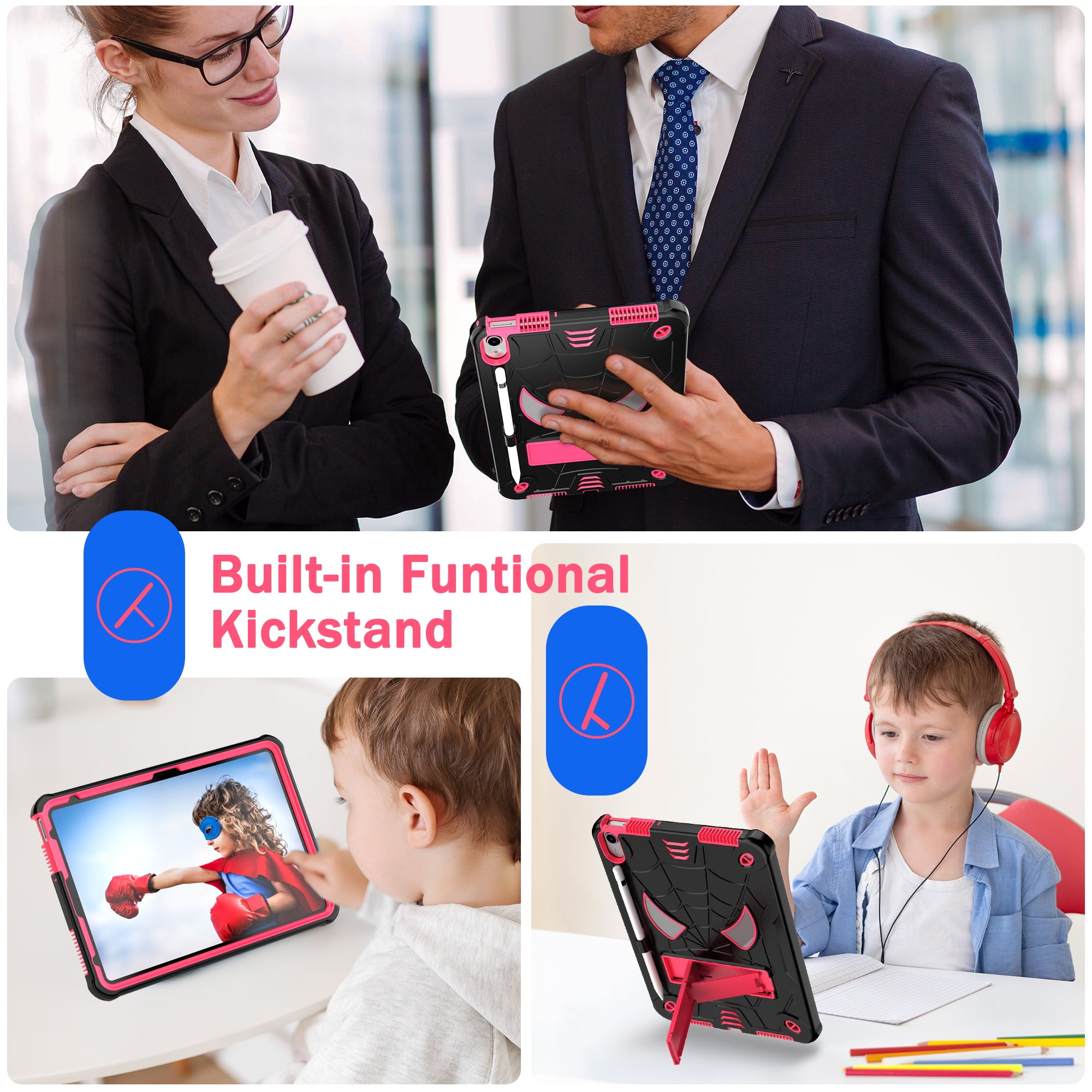 Rugged Shockproof Protective Case for Apple iPad A16 11th Gen 11" 2025 & iPad 10th Gen 10.9" - Heavy Duty 3-Layer Armor, Built-in Kickstand, Shoulder Strap, Pencil Holder, Shock Absorption,Black+Rose