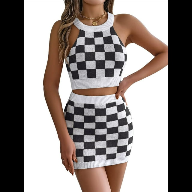 Conjuntos de Dos Piezas para Mujer: Top Corto con Cuello Halter y Minifalda, Conjuntos de Crochet de Verano Negro XL