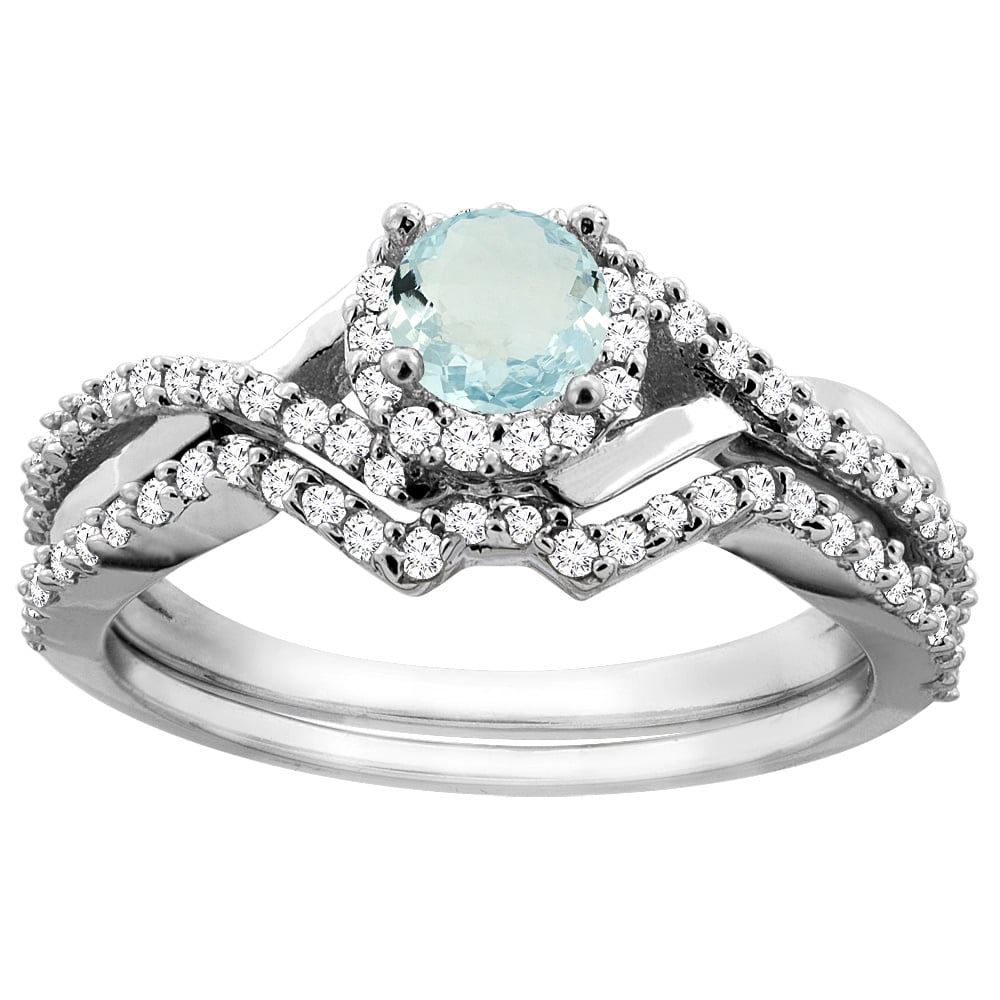 14K White Gold Natural Aquamarine 2-piece Bridal Ring Set Round 5mm, size 5.5 by Gabriella Gold