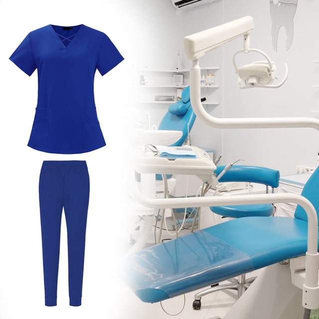 Conjuntos de uniformes de enfermería para mujeres, uniformes de SPA, cintura elástica, manga corta, transpirable, uniforme de trabajo sencillo, ropa , Azul Color azul brillante L Salvador Exfoliante de enfermería