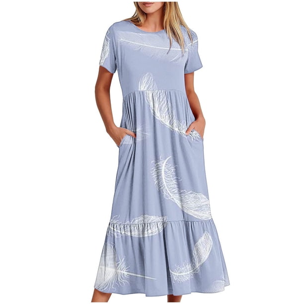 Puntoco Vestido Midi De Manga Corta Con Cuello Redondo Y Estampado De Plumas Para Mujer, Vestido Con Dos Bolsillos En Capas, Azul Claro S,Regalos Para Mujer Joven