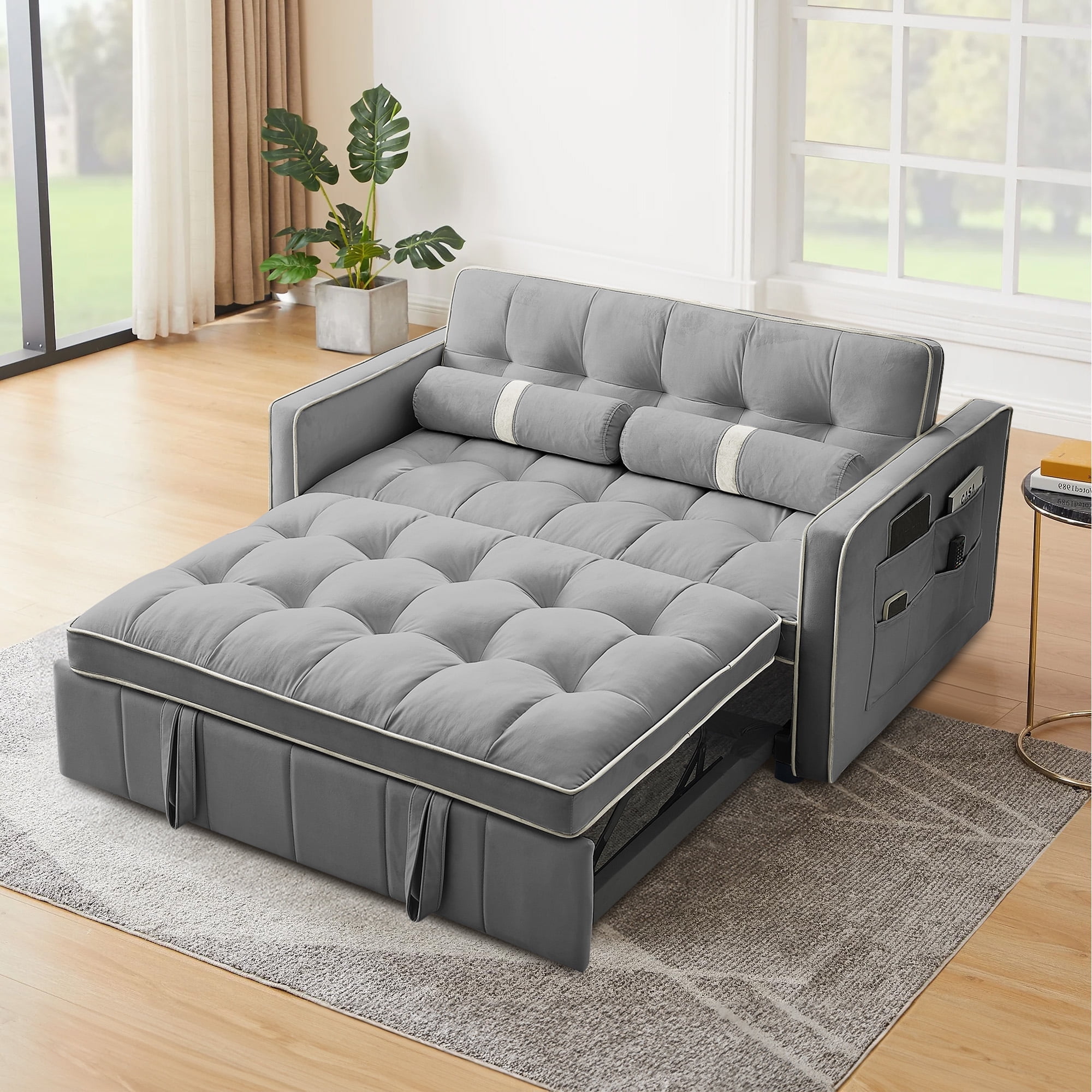 Muumblus 55" Pull Out Sofa Bed - Tufted Velvet Convertible Loveseat Sleeper Sofa Couch for Living Room, Gray