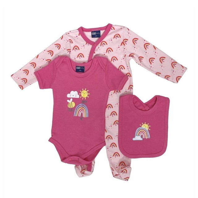 Conjunto 725 Baby Niña Talla 12 Meses Pañalero Mameluco y Babero Arcoíris Rosa 3 Piezas