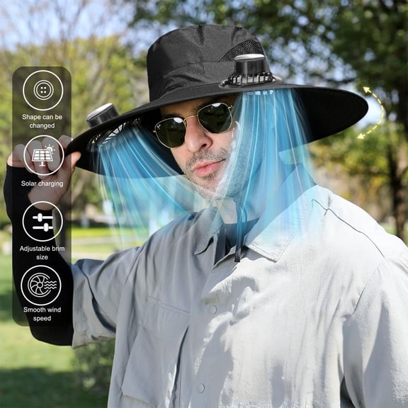 FEOLGEHLY Summer Solar Fan Hat with 2 Small Fans 1 Hook 1 USB Data Cable, Breathable Solar Fisherman Hat, Wide Brim Sun Bucket Hat for Adult, Solar Powered USB Charging Fishing Cap for Outdoor(Black)