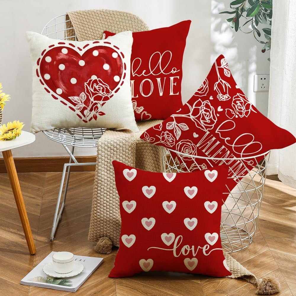 Valentines Day Pillow Covers 20 x 20 Inch Set of 4 Big Red Polka Dot Heart Small Hearts Pattern Valentine Throw Pillows Decorative Cushion Cases Valentines Decor