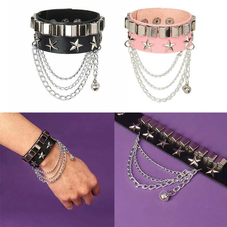 Snap Punk Rock Wrap PU Leather Bracelet Men Vintage Star Spikes
