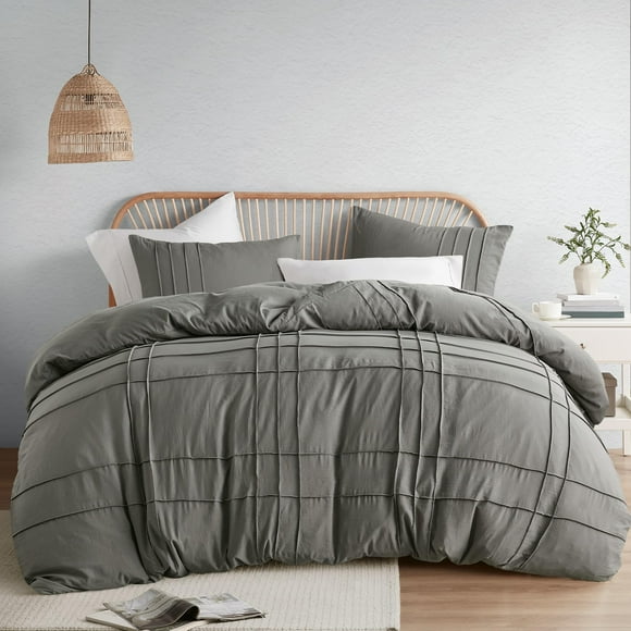 Comfort Spaces Grey Queen Size Duvet Cover Set - 3 Pieces Pintuck Pleated Duvet Cover Queen, All Season Lightweight, Extra Softness Pre-Washed Microfiber Queen Bedding Cover Shams, Full/Queen