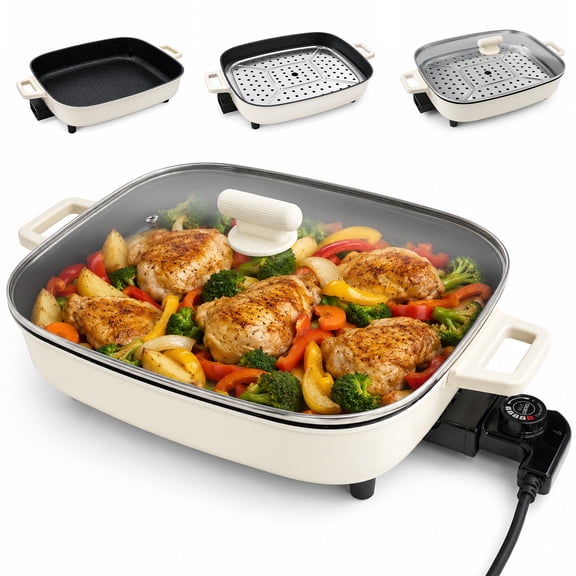 1500W Nonstick Electric Skillet Pot with Steamer Rack, 7.93 Quart, Off-White