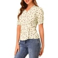 thumbnail image 4 of INSPIRE CHIC Women's V Neck Short Sleeves Tops Button Decor Floral Blouse XS Apricot, 4 of 7