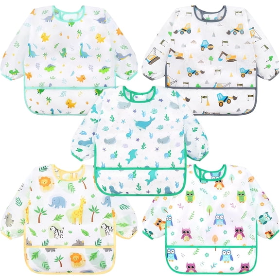 5 Pcs Waterproof Long Sleeve Baby Bibs Smock Toddler Feeding Eating Art