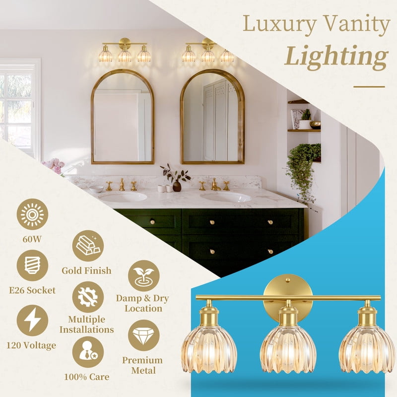 HKMGT 3-Light Gold Vanity Light with Amber Ribbed Glass, Reversible Mounting, E26 Base Wall Sconce for Bathroom & Hallway