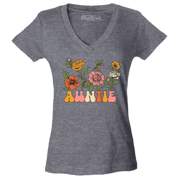 Shop4Ever Women's Auntie Floral Flowers Retro Groovy Wildflowers Aesthetic Slim Fit V-Neck T-Shirt Medium Heather Charcoal