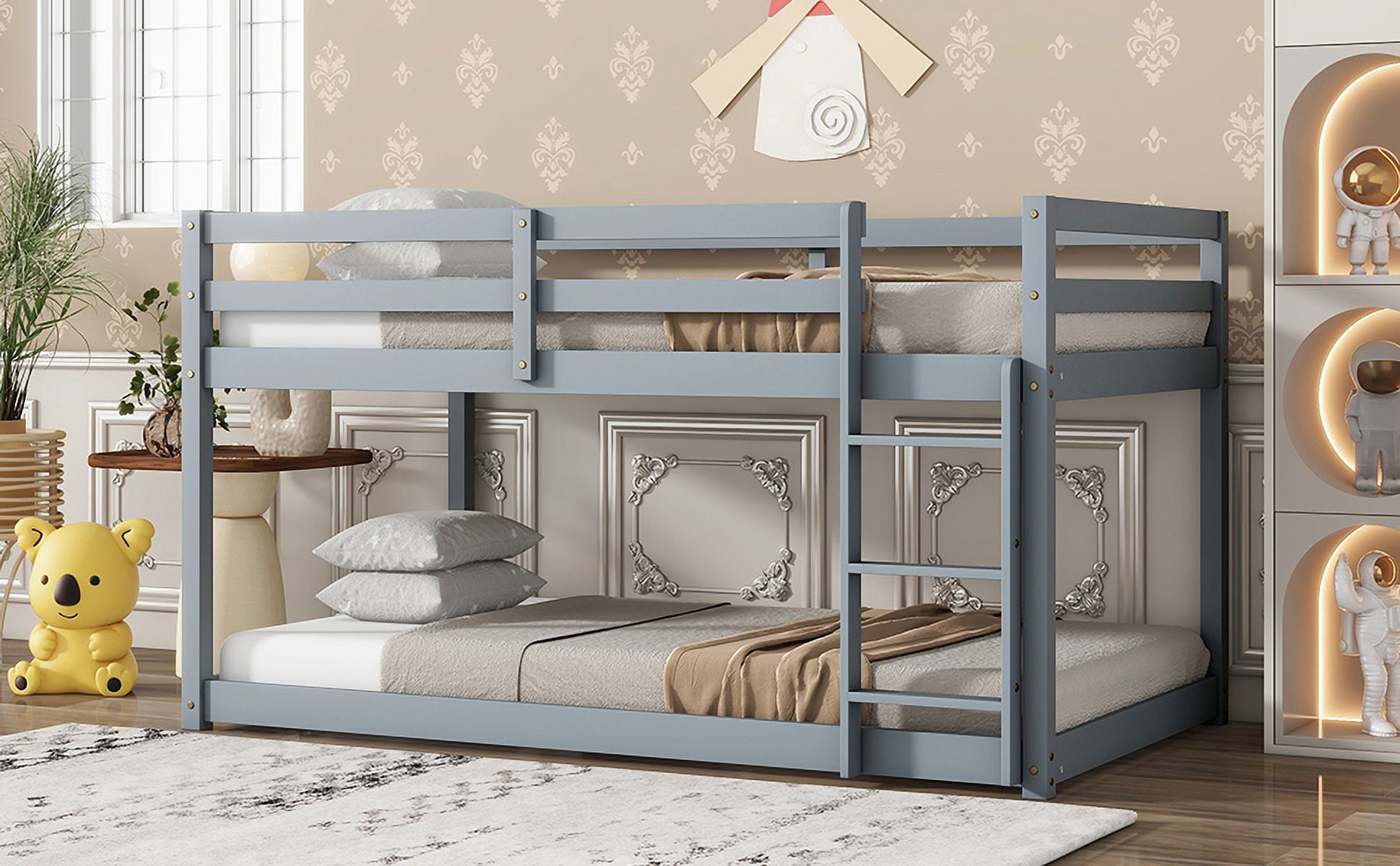 Solid Wooden, Solid Rubber Wooden Twin over Twin Floor Bunk Bed with Ladder, with Bed Platform of Strengthened Slats, Grey