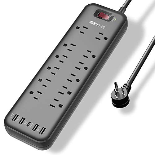 Power Strip, MKSENSE Surge Protector with 12 Outlets & 4 USB Ports & 1 Type-C Port (5V/3A), 3600 Joules, Angled Flat Plug, Spaced Outlets & ETL Listed Power Outlet for Home Office - Black