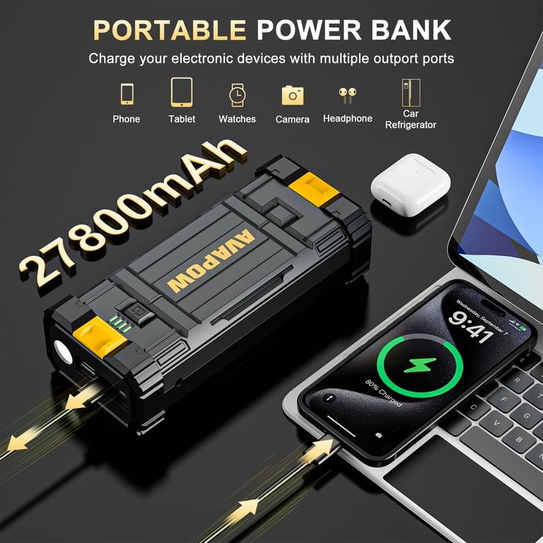 walmart battery booster box Avapow Car Jump Starter 4000A Peak 27800mAh Battery Jump Starter Portable Battery Booster 12V Jump Box with LED Light Yellow one_size