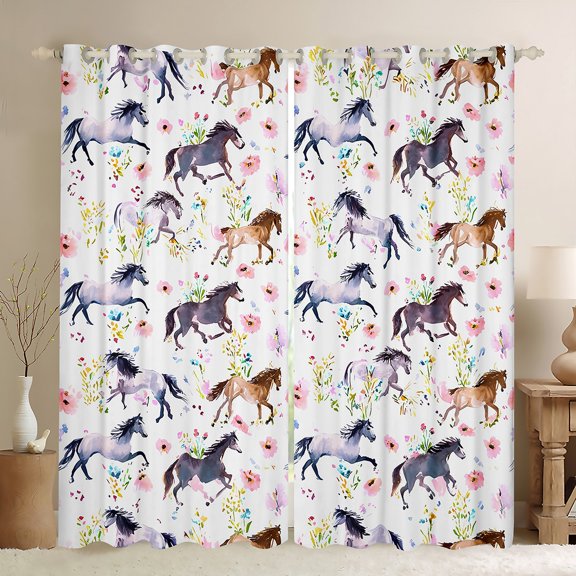 Manfei Horse Racing Child Curtains Pack of 2 (42x84 Each), Rustic Farmhouse Animal Curtains Blackout, Watercolor Floral Bedroom Curtains, Window Curtains Room Decor